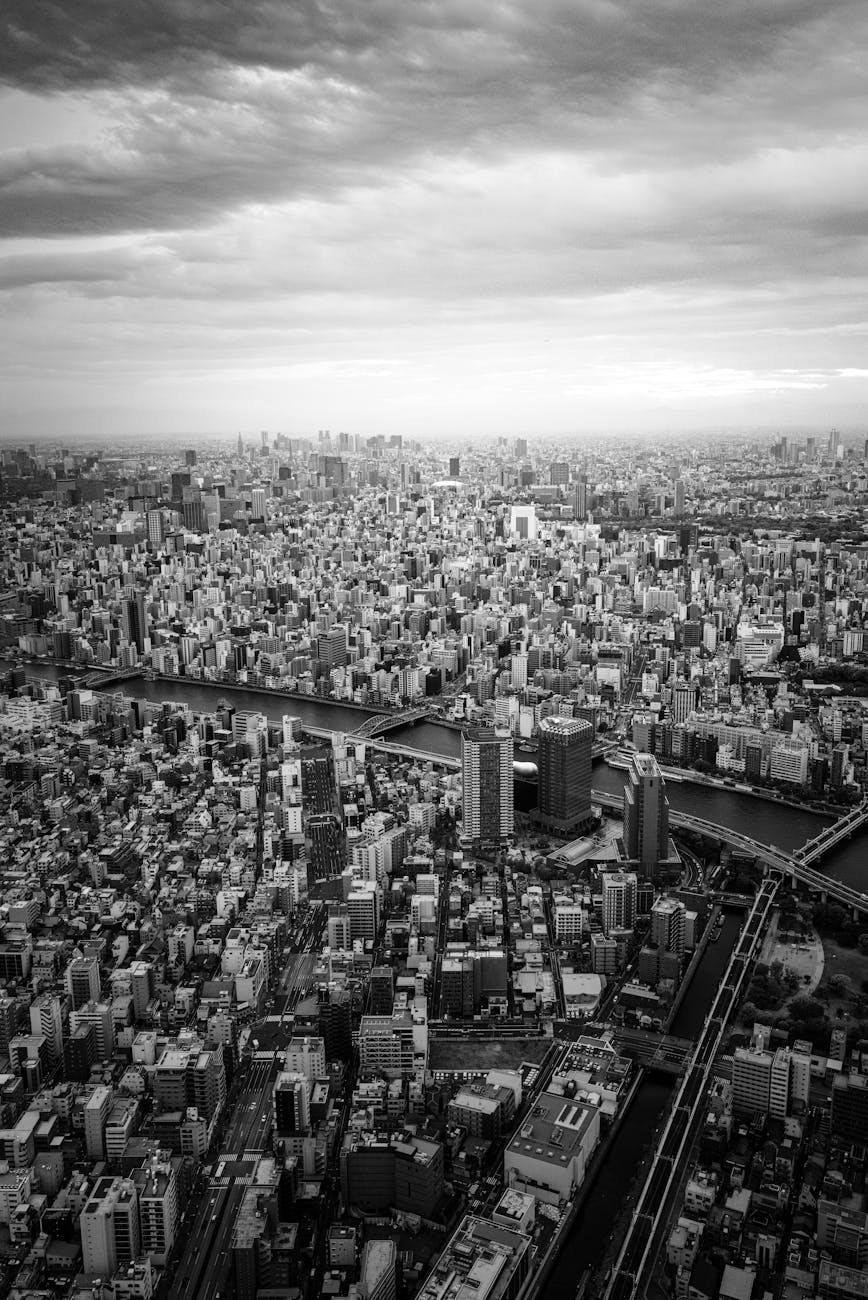 black and white aerial view of tokyo skyline